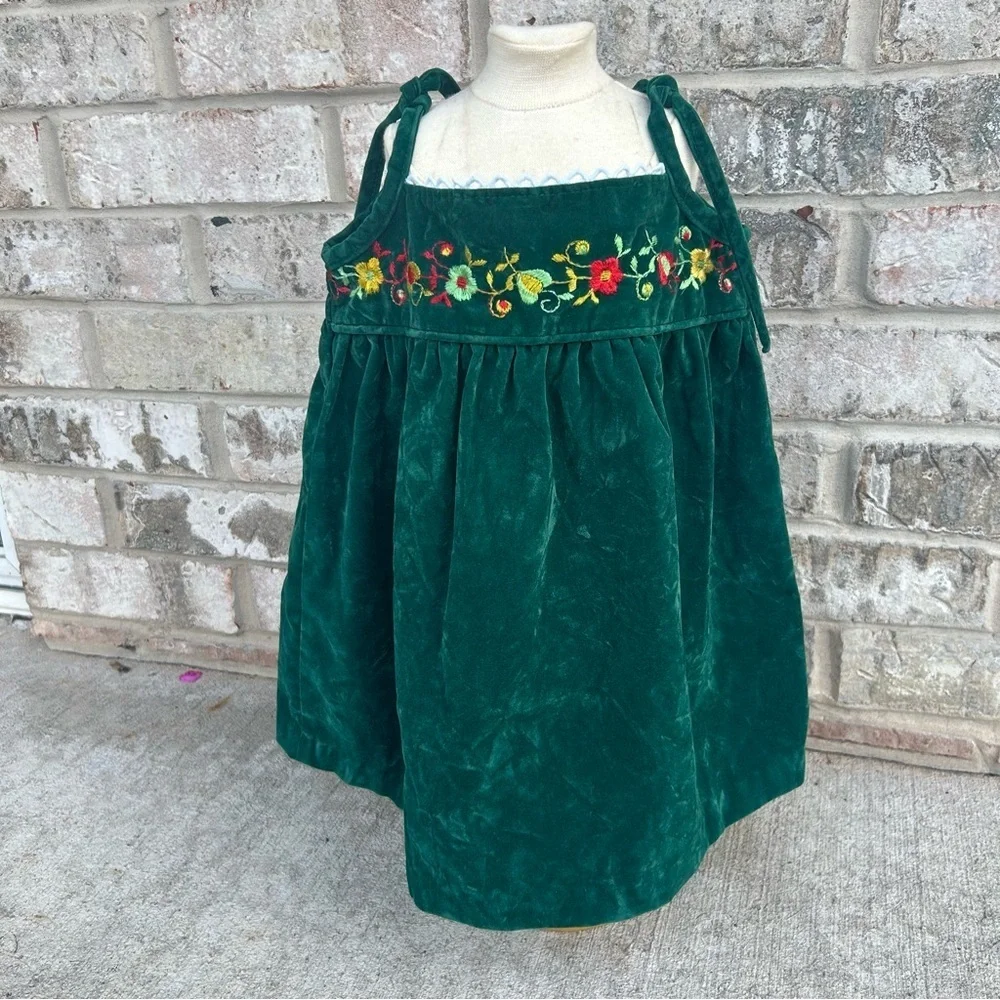 Vintage Toddler Green Velvet Dress Embroidered Floral Pinafore 2T 3T